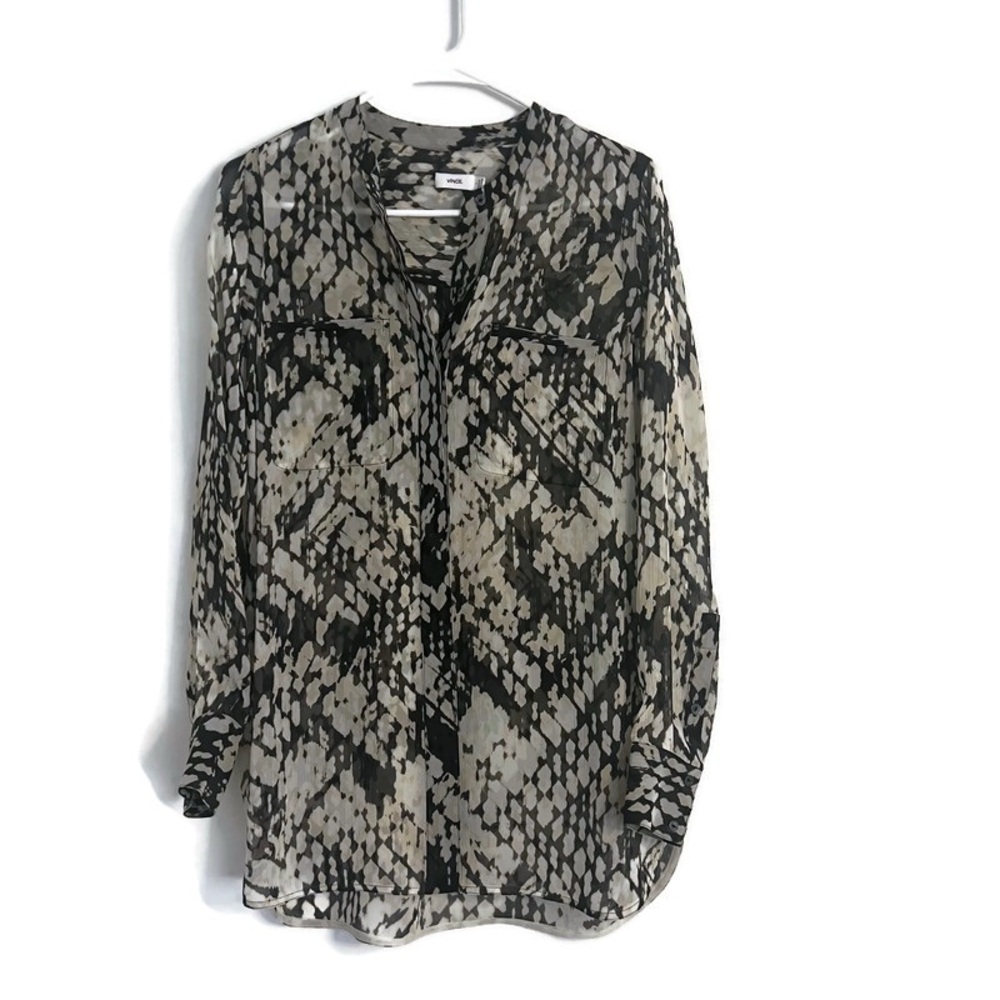 Vince Women's Pure Silk Long Sleeve Semi-Sheer Button-Up Oversiz Blouse Size 2